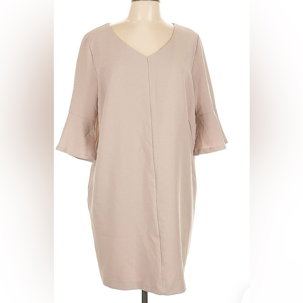 Simply Styled Dress Bell Sleeve V Neck Casual Career Taupe Beige Size L